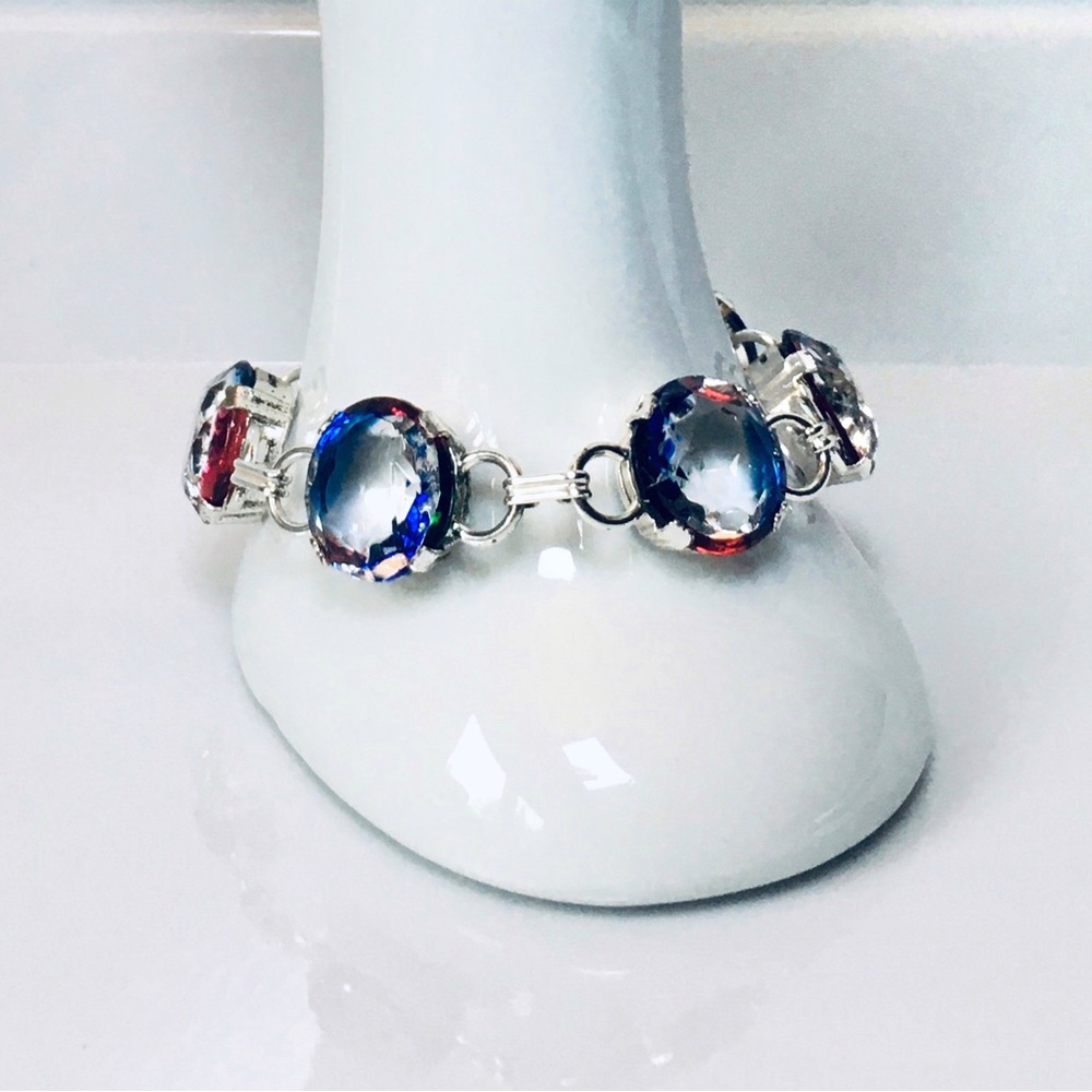 Colourful Glass Silver Tone Bezel Bracelet 7”